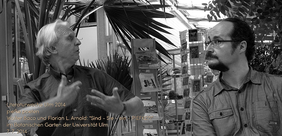 Baco (links) und Arnold (rechts): Zwischen Klischee-Hinrichtung und surrealen Einzelgängermonologen. Am 7. 7. 2014 im Botanischen Garten der Universität Ulm.